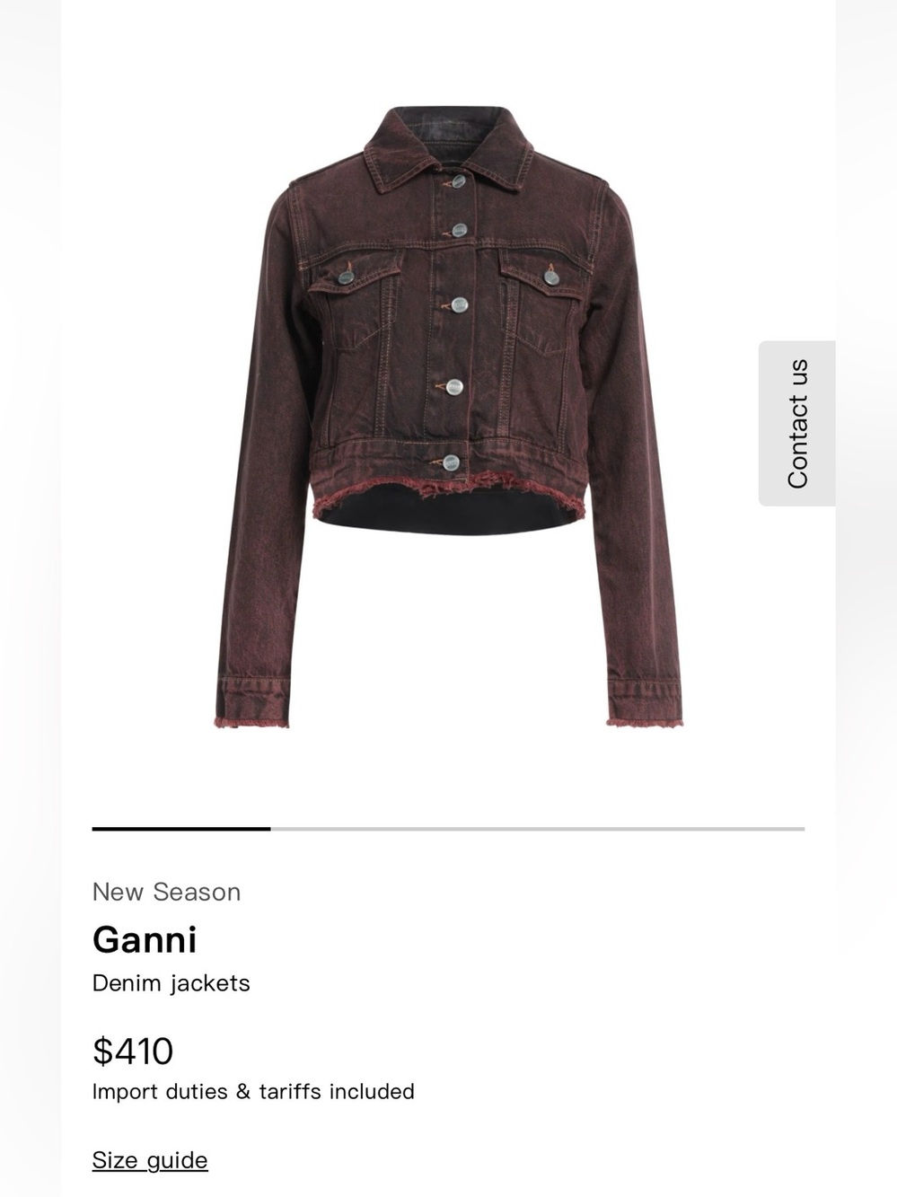 NWT GANNI Overdyed Bleach Denim Cropped Jacket Shaved Chocolate